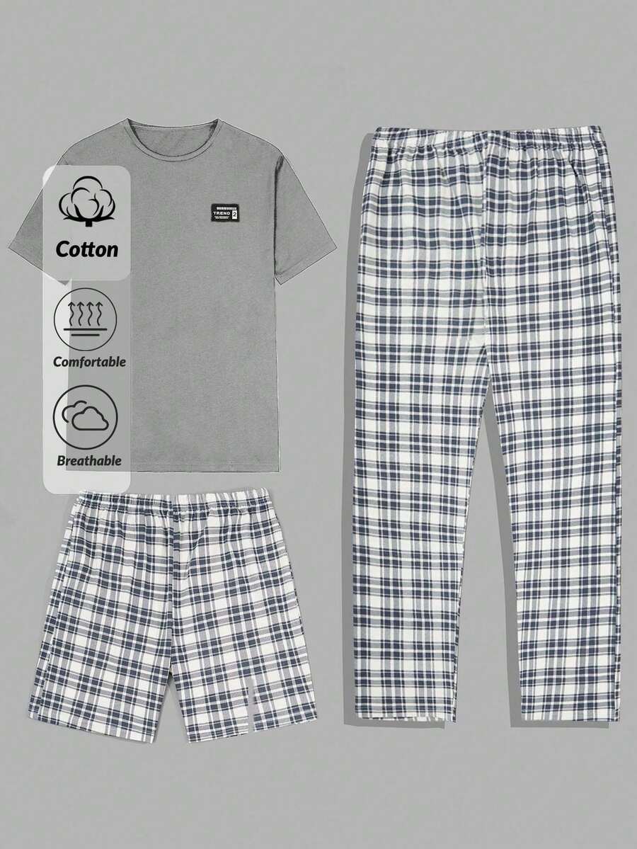 EURMUSE 男式纯棉格子印花拼接室内三件套常规T恤+短裤+长裤家居服套装 - 灰色 - 查看 1