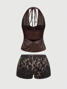 ROMWE Hippie Women's Y2K Sexy Christmas Party Deep V Vintage Plunging Neckline Backless Streetwear Strapless Tank Top With Leopard Print Shorts (Includes Bandeau Bra)