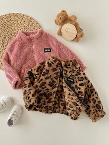 SHEIN 2 件 Babygirl 休闲蓬松豹纹立领夹克，秋冬