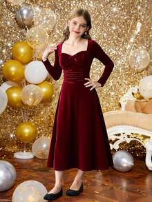 SHEIN Tween-Mädchen Lässiges, elegantes Maxikleid aus Samt mit herzförmigem Kragen und Schleifendekor, langärmliges Maxikleid mit taillierter Taille, rotes Maxikleid, burgunderfarbenes Maxikleid, formelles Kleid, geeignet für Weihnachten, Neujahr, Geburtstagsfeier, Prinzessinnenkleid - Bordeaux - Übersicht 7