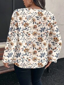 EMERY ROSE Plus Size Women Casual Elegant Retro Apricot Floral Print Shirt, Suitable For  Flower Shirt Floral Blouse Casual Blouse Women Blouses Long Sleeve Floral Shirt,Spring/Summer/Vacation - Multicolor - View 2