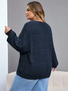 SHEIN CURVE+ Maglione in maglia a costine elasticizzato di colore unito, taglie comode, abbigliamento invernale da donna