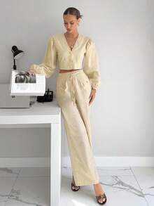 Siren Gaze 2pcs/Set Women Linen V-Neck Flare Sleeve Top And Casual Straight Leg Long Sleeve Pants Set, Khaki Winter