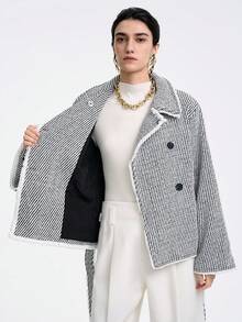 SHEIN LUNE 女士休闲不对称领蝴蝶结拼接束腰喇叭袖人字纹简约羊毛混纺夹克，适合外出 - 黑與白 - 查看 8