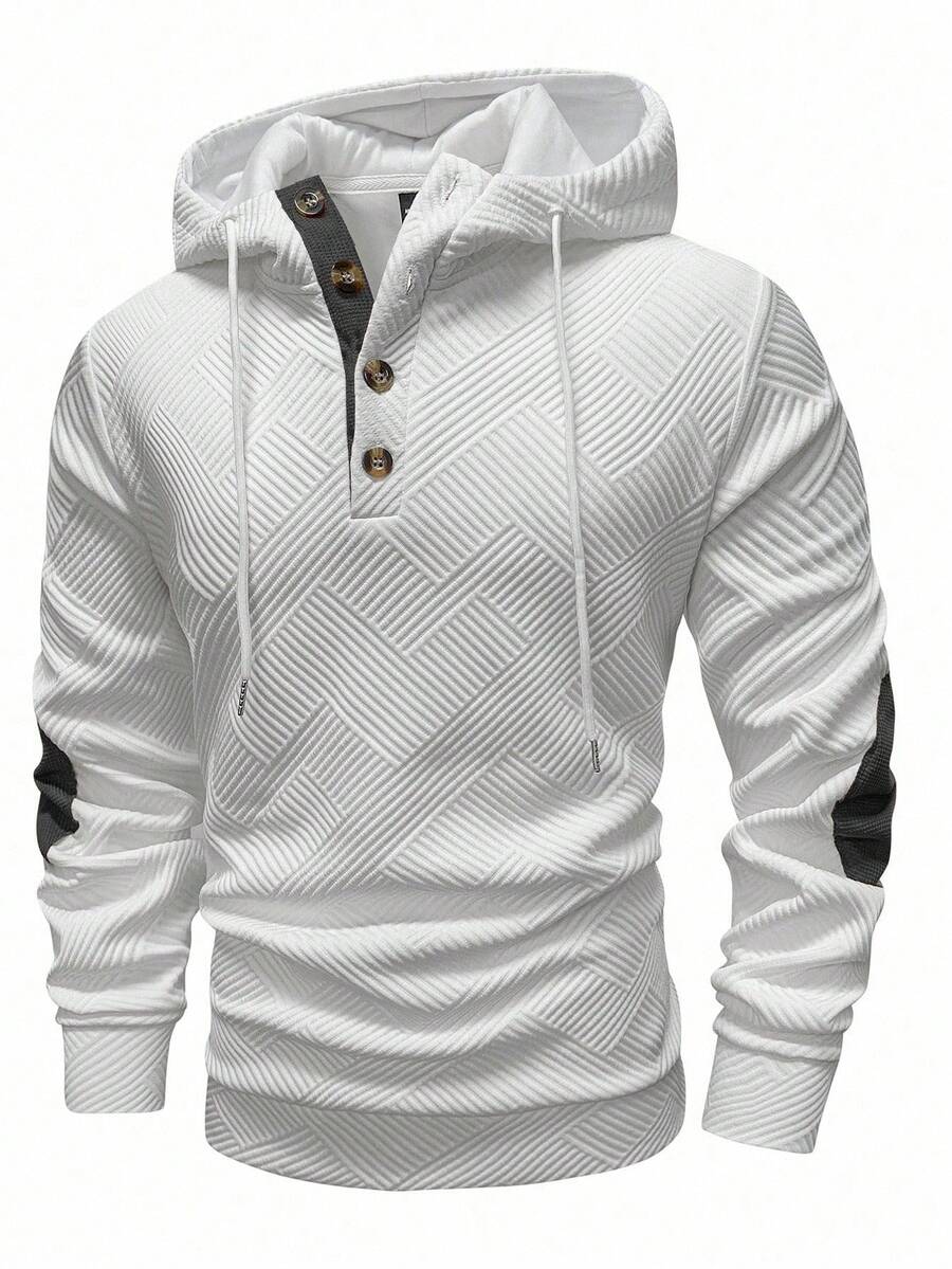 Manfinity Homme Men's Autumn Contrast Color Long Sleeve Button Design Drawstring Casual Hoodie Men Sweater Hoodie - Dark Grey - View 1