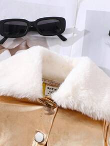 SHEIN 女婴金属纽扣长袖毛领外套，秋冬 - 金色 - 查看 7