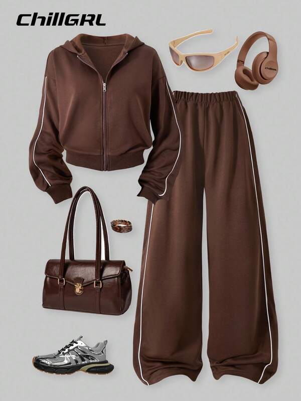 SHEIN Teen Girl Casual Contrast Trim Hooded Jacket And Wide Leg Pants Set, Autumn