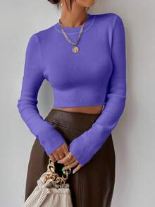 RosyDaze Women's Casual Everyday Commute Minimalist Solid Color Fitted Cropped Pullover Sweater, Autumn - Bold Plum - View 5