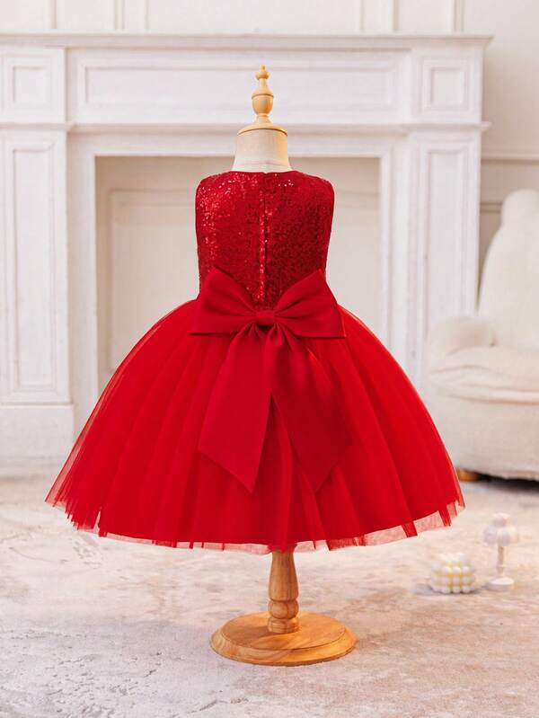 Glamorique Kids Vestido de niña con detalle de gran lazo desmontable, decorado con lentejuelas de malla de satén de alta gama, con forro, mangas y ribete en el cuello, adecuado para Navidad, Halloween, fiestas infantiles, actuaciones, cumpleaños