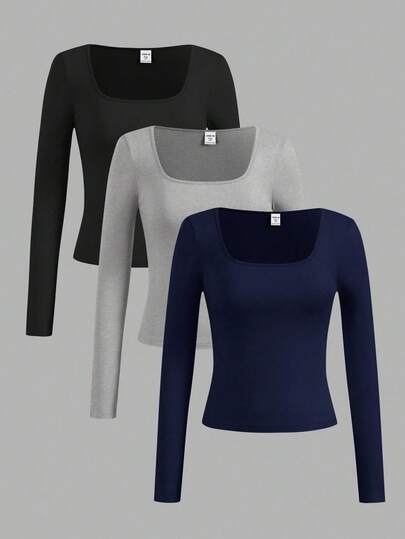 Girlism 3pcs/Set Teen Girls' Crew Neck Long Sleeve Solid Color All-Match Fitted Knit T-Shirts, Autumn/Winter Girls Tight Tops 3 Packs Tops Tight Tops For Teens Long Sleeve Tops Tight Tops