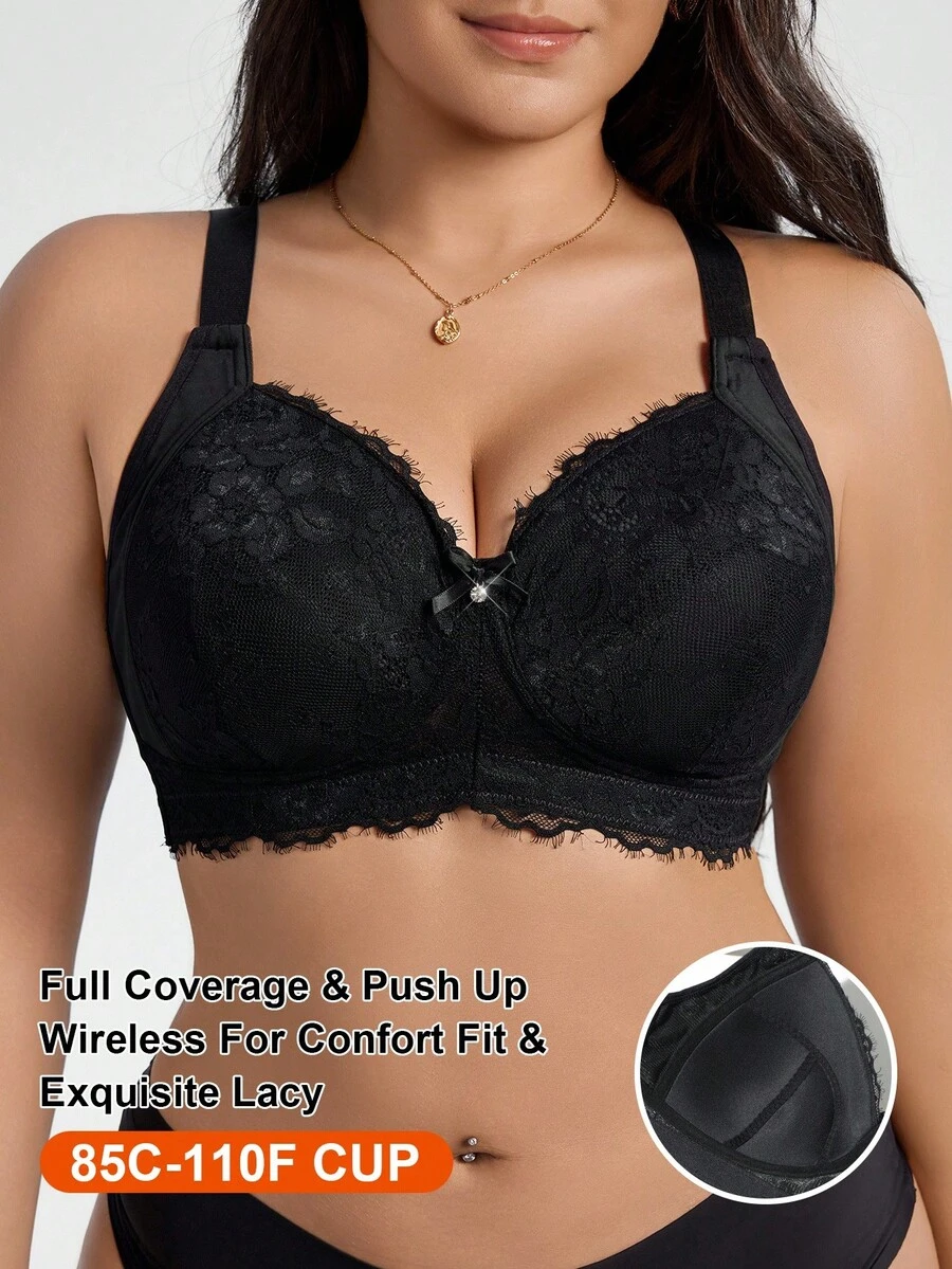 SHEIN 1 Áo ngực không dây ren chắp vá cỡ lớn, nâng ngực - màu đen - Xem 1