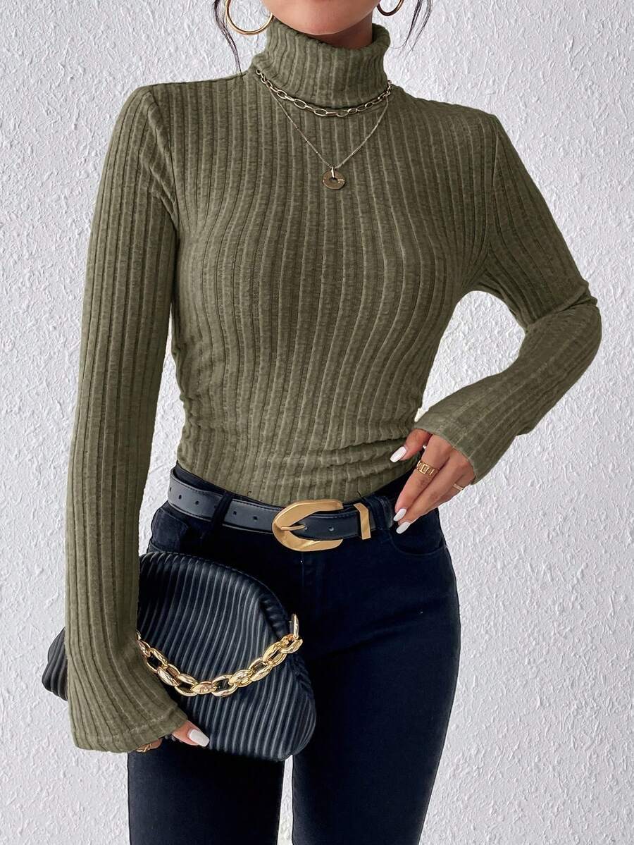 SHEIN Frenchy Camiseta de cuello alto con textura de punto acanalado y fruncido - Verde militar - Ver 1