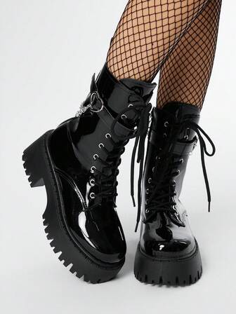 Grunge Punk Botas de motocicleta de estilo gótico oscuro y punk para mujer, con cordones, plataforma y suela gruesa, botas de tobillo y botas cortas
