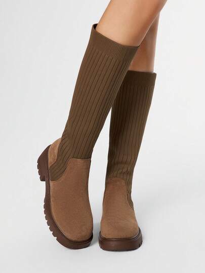 Fairycore Stivali alla caviglia elasticizzati da donna di colore marrone, stivali da abito da festa in tessuto scuro, stivali goth con tacco chunky, stivali sopra il ginocchio