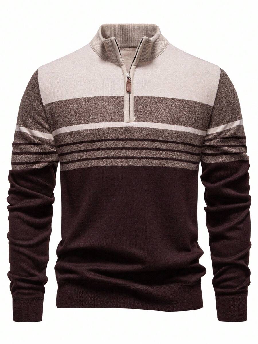 Manfinity Mode Men's Fashion Contrast Color Pullover Sweater, For Fall Winter - Coffee Brown - View 1