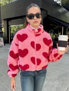 SHEIN Tween Girls' Loose Casual Fuzzy Heart Zipper Warm Jacket,In Fall/Winter