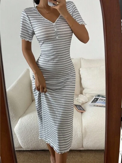 SHEIN Women's Casual Striped Print V-Neck Button Decor Knit Long Nightgown