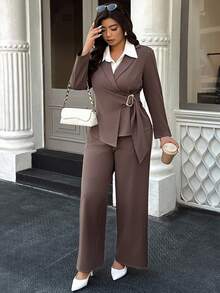 Easura Plus Size Women Solid Color Mottled Lapel Side Waist Metal Buckle Design Jacket And Pants Casual Suit Set Fall Cloth For Women Autumn - Coffee Brown - View 4