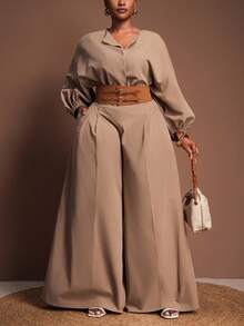 Veslaya 2025 秋冬大码女装两件套 - 大码圆领上衣和阔腿西装裤，适合学校、Y2K 街头服饰、约会、工作、机场、派对、通勤、优雅、朋克、情人节、圣诞节 - 卡其色 - 查看 2