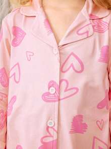 2pcs Girls Casual Pink Heart Print Long Sleeve Cardigan And Pants Homewear Set,Kids Fairy Autumn Holiday Night Pj Set,Girl Sleepwear Pajama Set - Dusty Pink - View 3