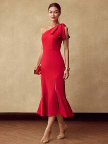 MOTF PREMIUM BOW DETAIL SPLIT THIGH MERMAID HEM DRESS, FOR FALL/WINTER, CHRISTMAS DRESS, RED DRESS, NEW YEAR DRESS - Red - View 5