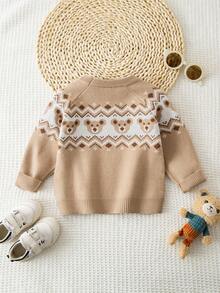 SHEIN Playful Pals 可爱小熊印花圆领长袖上衣，适合居家和户外穿着 - 杏色 - 查看 2