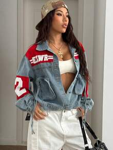 StreetHx Women's Casual Fashion Street Letter Graphic Patchwork Zipper Pocket Dropped Shoulder Loose Denim Jacket, Spring/Autumn - Blue - View 8