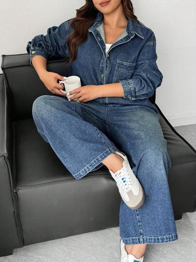 Dazy Plus 大码女式休闲宽松直筒深色水洗牛仔夹克和牛仔裤套装，秋季