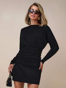 COSMINA Áo thun nữ tay dài cổ thuyền cánh dơi xếp ly thời trang màu trơn - màu đen - Xem 4