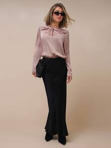 COSMINA Women's Elegant Twist Satin Long Sleeve Hollow Out Collar Blouse, Early Autumn - Pink - View 4