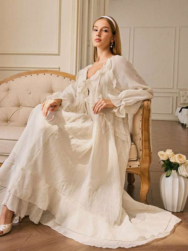 Aveloria Rosie Elegant Sheer Frill Trim Long Sleeve Dress, Fashionable European & American Style, French Atmosphere, Layered Ruffle Hem Dress, Vibe, New Casual Long Chiffon Dress, Bohemian Beach Goddess Flowing Dress For Women