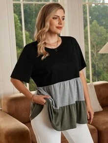 EMERY ROSE Áo dài tay ngắn cổ tròn phối màu cỡ lớn cho nữ, thường ngày vào mùa xuân và mùa hè, Ngày của Mẹ - Nhiều màu - Xem 3