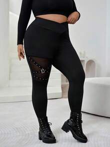 SHEIN CURVE+ Plus Size Fashionable Black Mesh Patchwork Leggings - Black - View 4