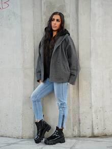 SAYEHFBABY New Arrival Gray Elegant Lapel Coat, Warm For Fall & Winter,Casual,Long Sleeve - Grey - View 4