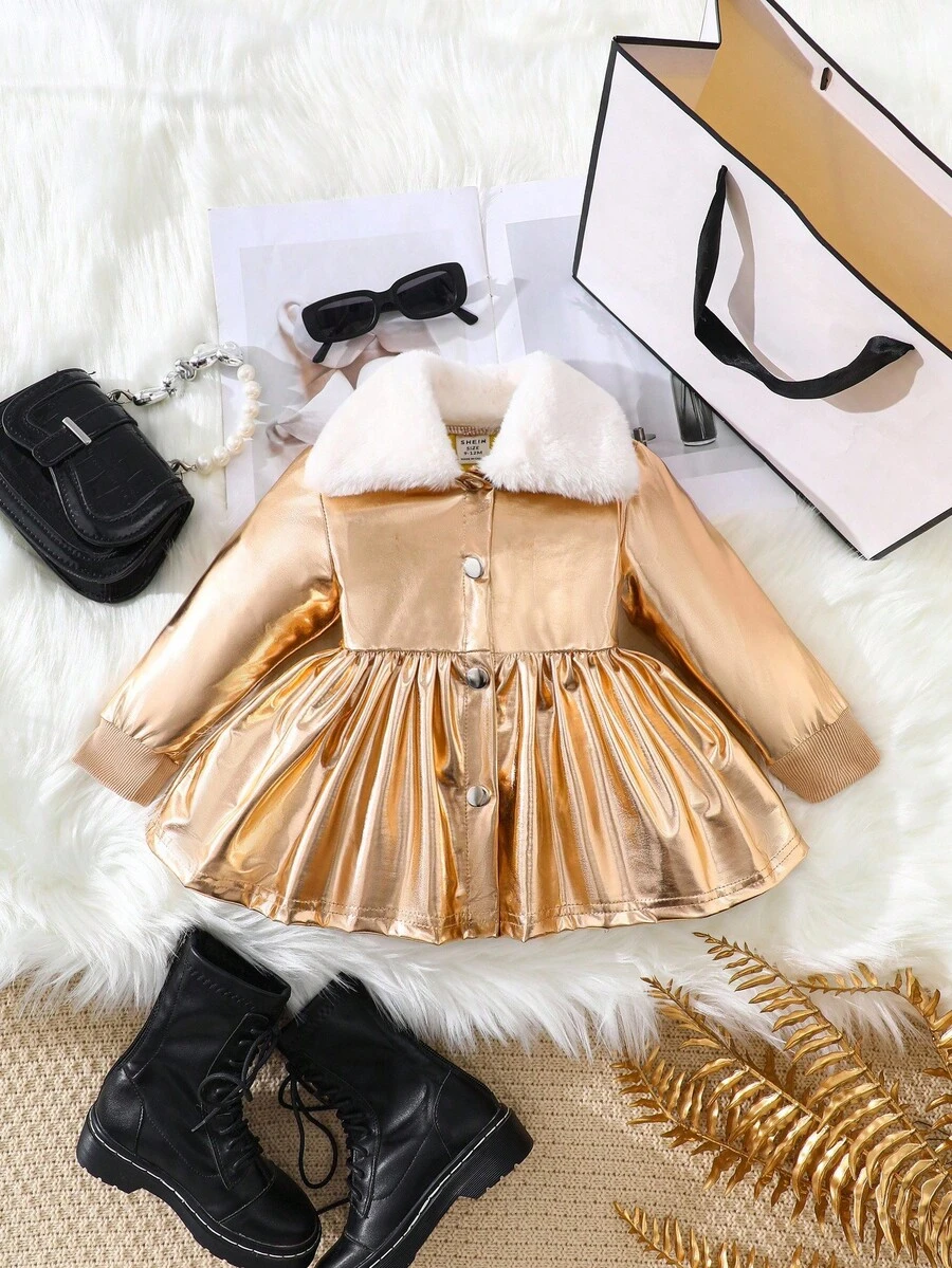 SHEIN 女婴金属纽扣长袖毛领外套，秋冬 - 金色 - 查看 1