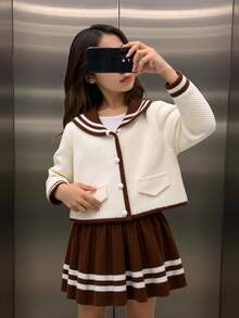 Completo casual e alla moda per ragazze, semplice e carino, composto da un cardigan lavorato a maglia con colletto blu navy e una gonna corta a righe marrone in maglia. Adatto per l'autunno e l'inverno, Natale, outfit per il ritorno a scuola. - Albicocca - Visualizzare 6
