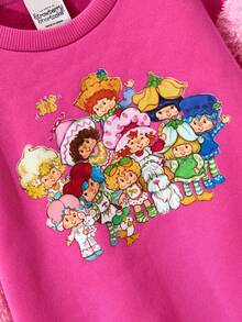 Strawberry Shortcake X SHEIN 年轻女孩卡通印花拼布袖圆领宽松针织运动衫，秋冬 - 粉色 - 查看 6