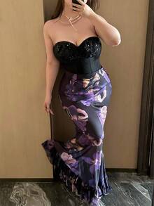 Vibekara Plus Size Elegant Waist Cinched Mermaid Hem Vintage Print A-Line Skirt Purple Floral Dress - Multicolor - View 7