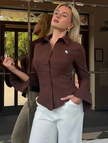 Bethéva 休闲/通勤刺绣修身女式衬衫 - 咖啡棕 - 查看 6