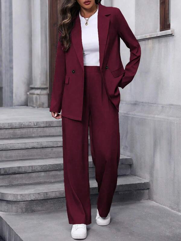 EMERY ROSE Women's Solid Color Blazer And Pants Suit, Formal Commuter Outfit
