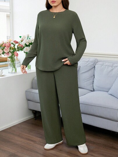 SHEIN LUNE 2pcs Plus Size Casual Solid Color Long Sleeve Top And Camo Print Pants Set, Spring Autumn Casual Everyday Wear,Essentials,Camouflage Print Two Pieces Suit Holiday Outfit Winter Clothes Fall Clothes For Women  Office Outfits For Women,Suitable For Daily Wear, Holiday Elegant Outfits,Office Siren Style Outfits Olive Green Outfit Women Comfortable Two Piece Set 2 Piece Lounge Sets Woman Modest Two Piece Set Pants Suit Women'S Home 2-Piece Set Comfortable Loose Set Warm 2-Piece Set Christmas 2-Piece Set Christmas Set Holiday Set Women'S Pajamas Set Pajamas 2-Piece Set