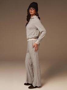 Athîral 2件套女式条纹长袖拉链休闲连帽衫和裤子套装 - 彩色 - 查看 5
