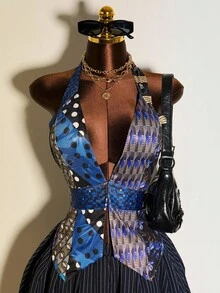 Mistrie Modisches, sexy Damen Party-Top mit Rückenausschnitt und Muster