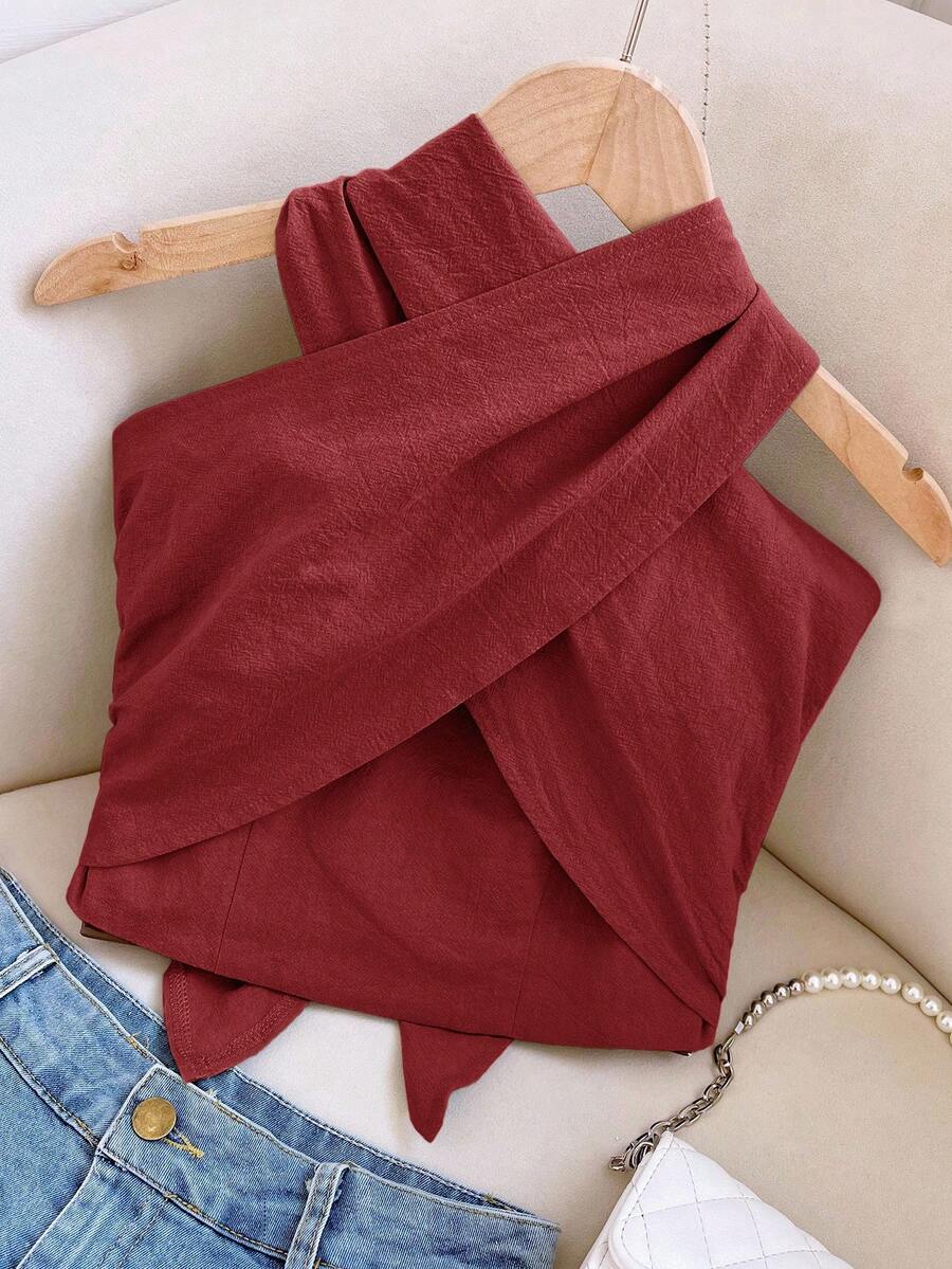 Travachic Áo cổ yếm đan chéo màu trơn đơn giản dành cho nữ, Áo màu đỏ tía, Áo đi biển mùa hè, Áo thường ngày thanh lịch, Áo màu đỏ rượu, Đi chơi thường ngày, Năm mới, Lễ tạ ơn, Giáng sinh - Đỏ - Xem 1