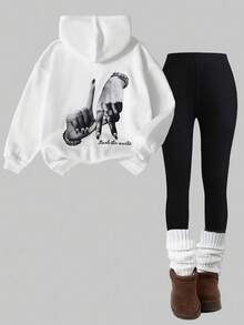 SHEIN Girlism 少女时尚街头风印花白色保暖连帽衫和打底裤套装，白色卫衣搭配黑色打底裤，黑白配色，适合秋冬季节、休闲穿着、日常及户外活动 - 黑與白 - 查看 7