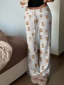 CovetEZ Casual Cute Bear Pattern Low Waist Drawstring Yoga/Lounge Wide Leg Pants, Suitable For Spring & Autumn - Multicolor - View 3