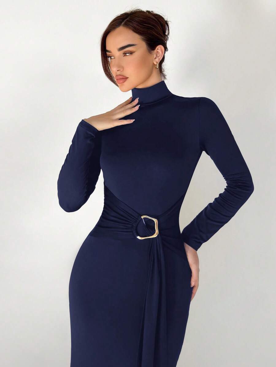 Aloruh 女式优雅简约纯色高领扣褶饰腰部美人鱼下摆超长连衣裙,秋季 - 藏蓝色 - 查看 1