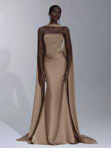 Elitara Elegant Luxurious Rhinestone & Sequin Decor Halter Mermaid Tail Dress With Train, Suitable For Weddings, Events, Parties, Graduations, Formal Occasions (Heavy Embellishment) - Camel - View 7