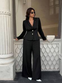 Calvaya Plus Size Women Metal Button Decor Long Sleeve Jacket And Pants Casual Commuter Suit Set Fall Cloth For Women Autumn - Black - View 7