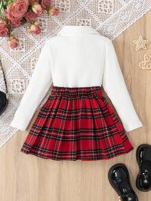 2pcs/Set Girls Toddler European & American Style Bow Decor Polo Collar Long Sleeve T-Shirt + Plaid Skirt, Spring/Autumn